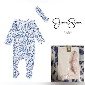 🆕JESSICA SIMPSON BABY - 3/6M - NWT - 2PC BLUE FLORAL SLEEPER AND HEADBAND